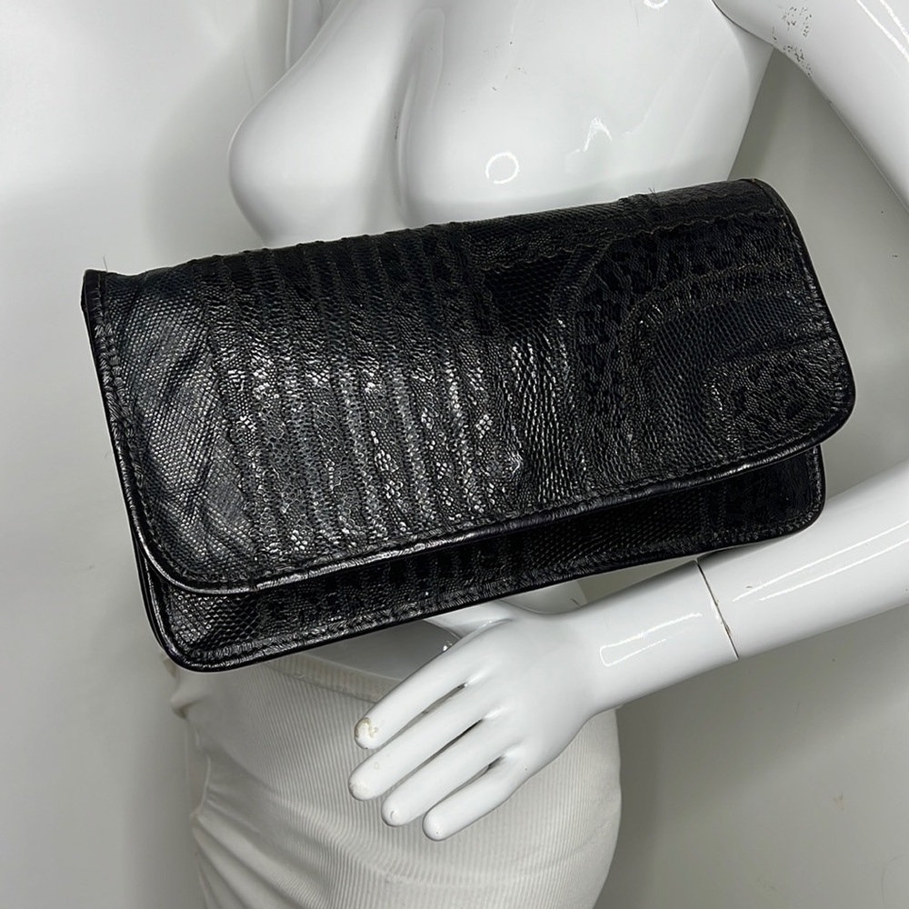 Carlos Falchi Mixed Exotic Lizard, Ostrich Snap Envelope Clutch Shoulder Bag